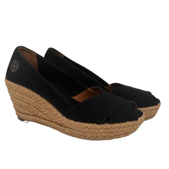 Tory Burch Black Filipa Open Toe Espadrille Wedges Shoes Size 38 / 8 - Picture 1 of 10